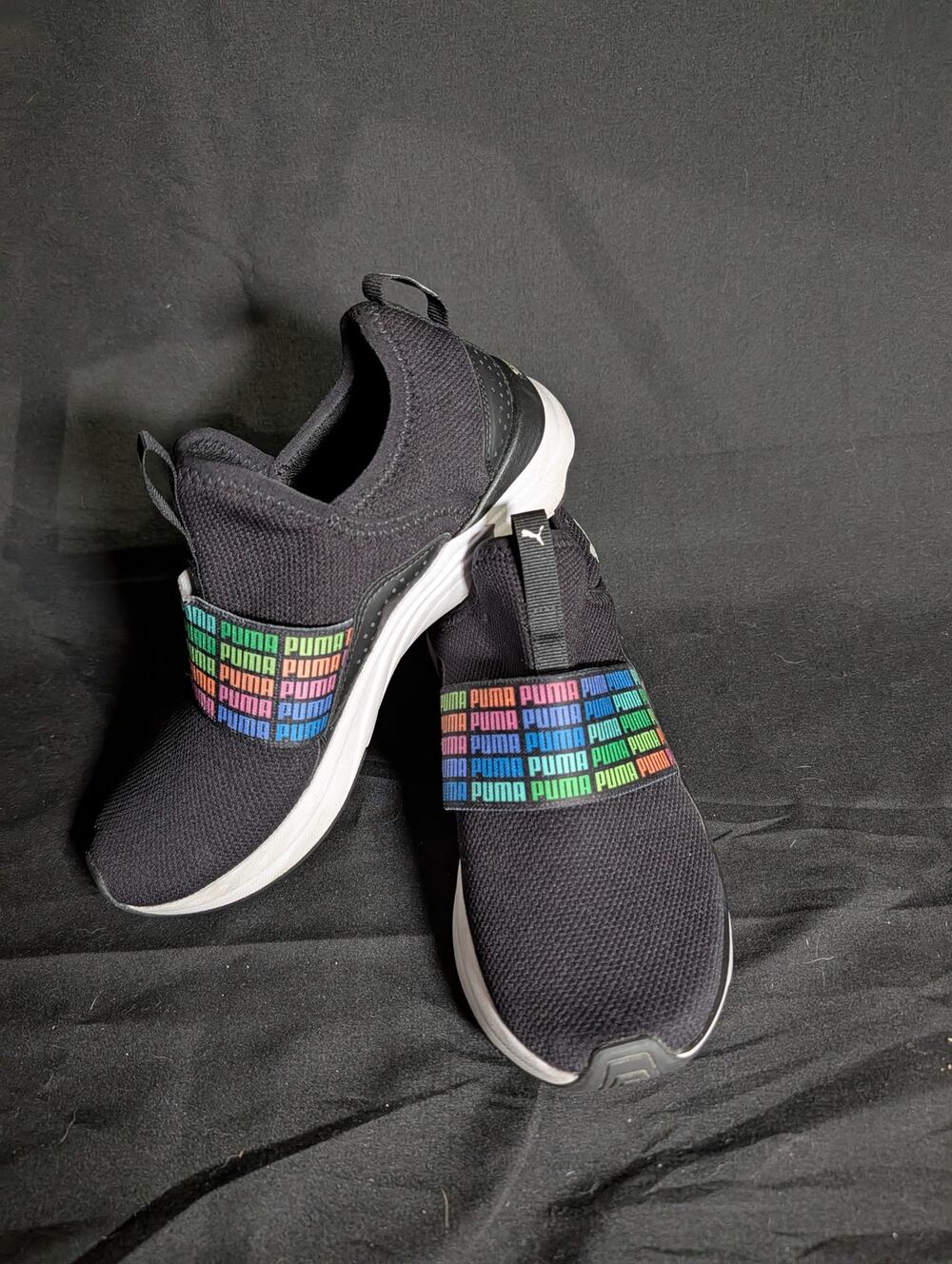 Puma Softride Slip On Sneakers Youth Size 4 Black Rainbow Logo Athletic Shoes